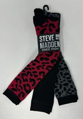 Steve Madden 3PK Knee High Socks Animal Print & Solid Red Black Women Size 9-11 - Image 1 of 4