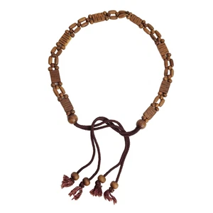 Wood Beaded Rope Belt Brown Boho Hippie Tribal Festival Tassels Self Tie Vintage - Picture 1 of 3