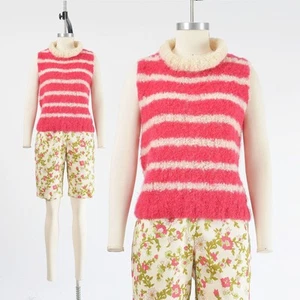 Vintage 60s Pink and Cream Striped Mohair Sweater Hand Knit Sleeveless Top S M - Picture 1 of 7