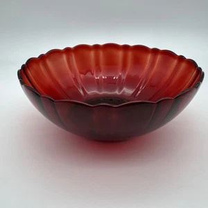 Vintage MCM Arcoroc France Ruby Red 8” Scalloped Serving Glass Bowl - Picture 1 of 10