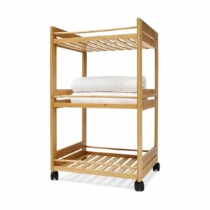 Bamboo Bathroom Kitchen Trolley Cart 3 Shelf Rack Wooden Rolling Storage Shelves - Picture 1 of 1