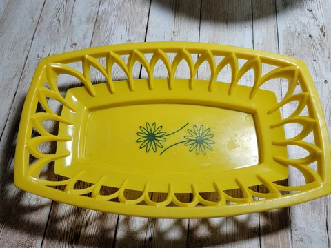 Vintage Yellow Plastic Basket With Blue Flowers 70's retro Cover