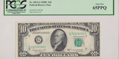 $10 Federal Reserve Note - 1950C - PCGS 65 PPQ Gem New - Serial G 71578756 F - Image 1 of 2