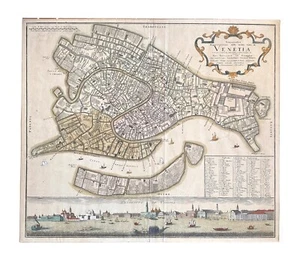 Venetia Map of Venice Italy by Homann Heirs 1729 plan and panorama - Picture 1 of 6
