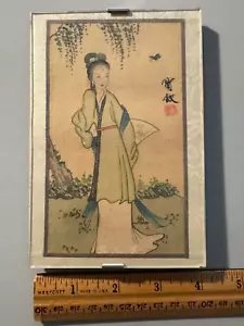 MUJER GEISHA ASIÁTICA FIRMADA CON ABANICO ARTE ENMARCADO - Imagen 1 de 6
