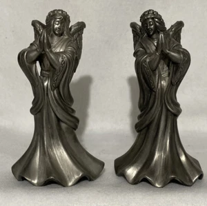 A PAIR VINTAGE PEWTER PRAYING ANGELS CANDLE HOLDERS Made in Indonesia 7 INCH - Picture 1 of 7