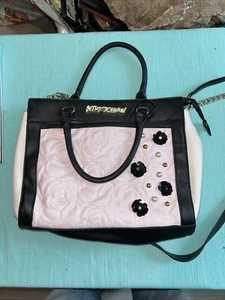 Betsy Johnson Purse / Handbag - Pink & Black Flowery In/outside W/ Black Flowers - Picture 1 of 7