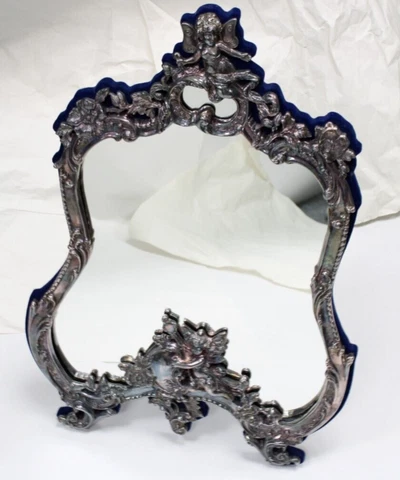 1950"s Antique Art Nouveau Repousse Sterling Silver Cherub Floral Vanity Mirror Cover