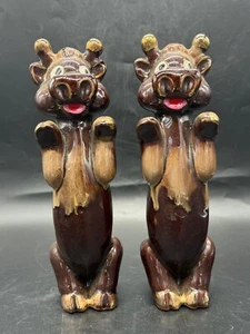Vintage, anthropomorphic brown bull salt & pepper shakers, red clay, Japan - Picture 1 of 16