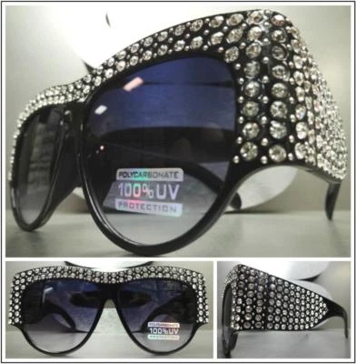 OVERSIZED VINTAGE RETRO Style SUN GLASSES Black Frame Bling Crystals Custom Made - Image 1 of 4