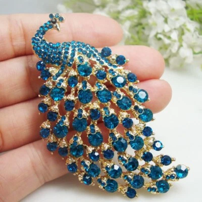 Broche prendedor colgante vintage de pájaro pavo real de 3,11" tamaño pequeño estrás azul Foto 1 de 4