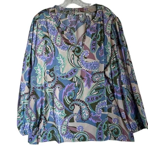 Sunny Leigh Top Bluse 2X Satin Paisley Blumen Mehrfarbig Langarm Feminin - Bild 1 von 7