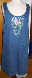 Haik’s Vintage Denim Jumper Dress Rose Floral Painted Overalls - size Large - Picture 1 of 7