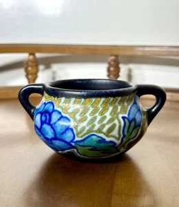 1920s Zuid-Holland Gouda Pottery Floral Blue Double Handle Miniature Pot - Picture 1 of 6