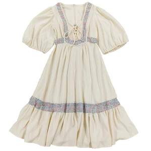 Vestido Pradera De Colección Años 70 Crema Boho Con Cordones Manga Abullonada Borde Floral Talla S - Imagen 1 de 6