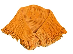 Mantón tejido hecho a mano ganchillo naranja óxido de colección envoltura hippie grannycore flecos - Imagen 1 de 6