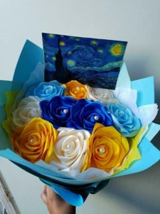 Eternal Rose Bouquet Starry Night 10 Ct Blue, White, Yellow Roses Handmade By Me - Picture 1 of 1