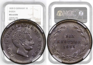 Germany, Baden, Ludwig I, Kreuzer 1828, Top Pop, NGC MS 64 BN - Picture 1 of 8