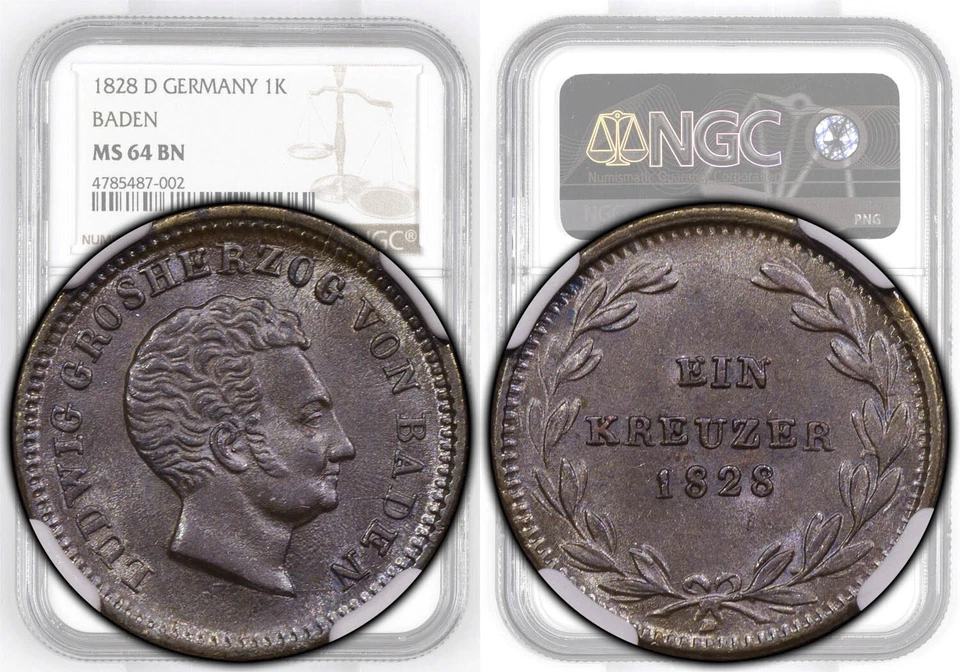 Germany, Baden, Ludwig I, Kreuzer 1828, Top Pop, NGC MS 64 BN - Image 1 of 4