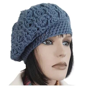 Berretto donna lana INTRECCI artigianale uncinetto BLUE JEANS - Foto 1 di 1