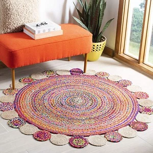 Round Rug Jute & Cotton Mix Handmade Area Rug Rustic Look Living Room Carpet - Picture 1 of 4