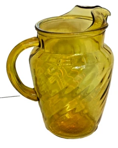 Vintage Mid-Century Amber Gold Yellow Pressed Swirl Glass Cold Beverage Pitcher - Picture 1 of 4