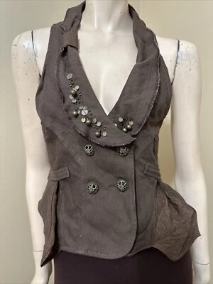 Colete Feminino Marrom Algodão Casual Verão Aberto Ajustável Botão Frisado Tamanho G - Imagem 1 de 4