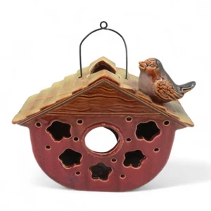 Hanging Ceramic Birdhouse Candle Holder Burgundy Applied Bird Floral Cutouts 6” - Picture 1 of 14