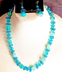 Collana Orecchini Demi Parure Park Lane Perline Blu Vetro Sfaccettato 22" - Foto 1 di 14