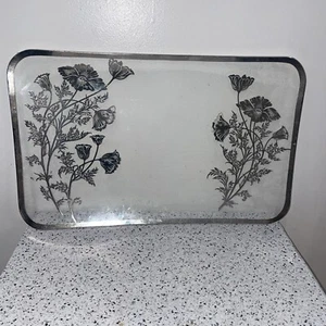 VTG Silver Overlay Glass Cake / Trinket Serving Plate Tray Poppy Flowers Concave - Picture 1 of 7
