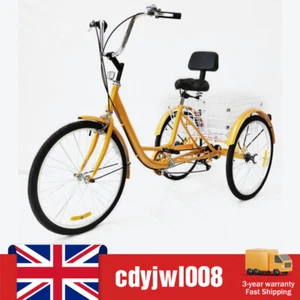 24" Yellow Tricycle 3Wheel 6-Speed Adult Bicycle Tricycle Trike Bike with Basket - Picture 1 of 24