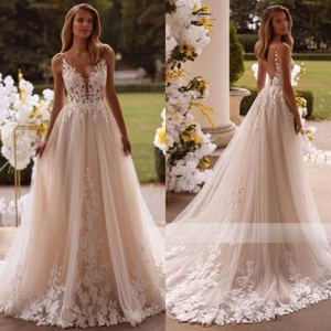 Elegant A-Line Wedding Dresses V-Neck Backless Lace Appliques Beach Bridal Gowns - Picture 1 of 9