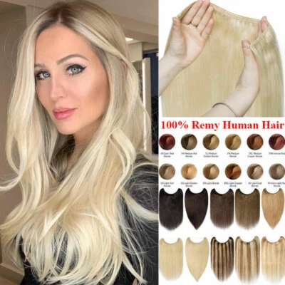 UK Invisible Wire In 100% Remy Human Hair Extensions Onepiece Hidden Headband AA - Image 1 of 4