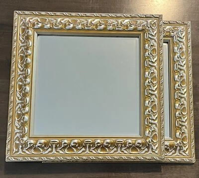 PAIR OF ORNATE GOLD & SILVER TONE MIRRORS WITH BEVELED EDGES 14" X 14" - Image 1 of 4