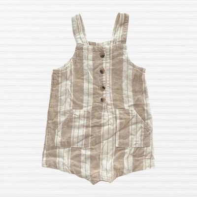 New Old Navy Baby Girls Linen Blend Short Overalls Beige Stripe 12-18M - Image 1 of 4