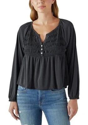 Top LUCKY BRAND Smock Sandwash Talla M Negro Botón Cuello Manga Larga Mezcla Modal Foto 1 de 4