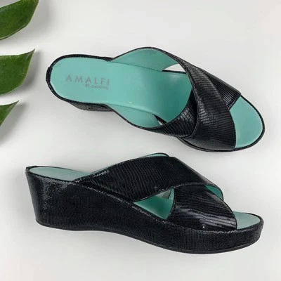 Amalfi by Rangoni Sandals Black Platform Shiny Slip On Women's 6.5 Narrow - Image 1 of 4