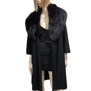 Cappotto lungo lana nero aperto davanti collo pelliccia cappella vintage - Foto 1 di 11