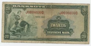 Billete en circulación de Alemania República Federal 20 Marcos 1948 Pick 6.a en muy buen estado - Imagen 1 de 2