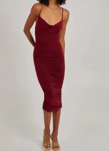 Women's Sexy Dark Red Cowl Neck Gathered Maxi Dress. - Picture 1 of 5