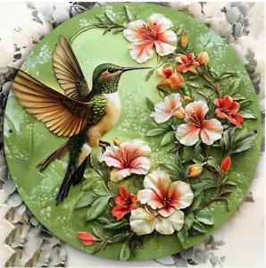 METALLKUNST - Kolibri & Blumen Vintage Stil Metallkunst Wanddekoration, 8x8" rund - Bild 1 von 4
