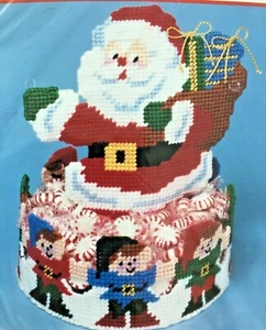 Vtg Bucilla Christmas Santa and Elves Plastic Canvas Kit Candy Dish Needlepoint - Picture 1 of 5