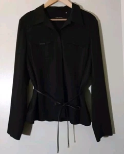 Elie Tahari Women's Black Pinstripe Long Sleeve Snap Front Tie Waist Blouse, 10 - Picture 1 of 5