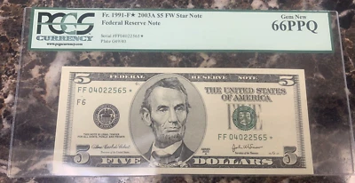 2003A $5 Federal Reserve STAR Note ~ PCGS 65 PPQ ~ Fr# 1991-F* ~ - Image 1 of 4