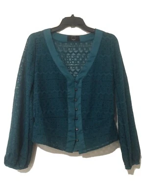 Dolce Vita Button Front Embroidered Top Small LS Teal - Image 1 of 4