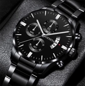 Men’s Watch Silver Leather Band Fashion Stainless Steel Calendar - Picture 1 of 3