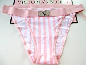 VICTORIA'S SECRET Cotton Tanga String Bikini Panty Pink Stripe Shine Patch M L - Picture 1 of 5