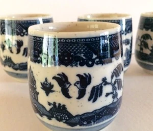Saki Tea Cups Oriental Stoneware Blue White Set of 4 - Picture 1 of 4