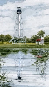 Cape San Blas Leuchtturm, Port St. Joe, FL. Reflexionen. Aquarell Kunstdrucke - Bild 1 von 2