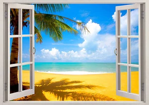 Beauty Nature Palm Trees Sand Beach 3D Scene Window Sticker Wall Poster Viny 362 - Picture 1 of 1
